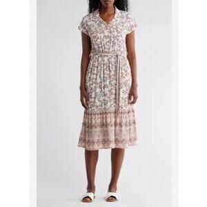 NWT Lucky Brand Paisley Floral Midi Dress 2X Sand Border Henley Boho Ruffle Hem